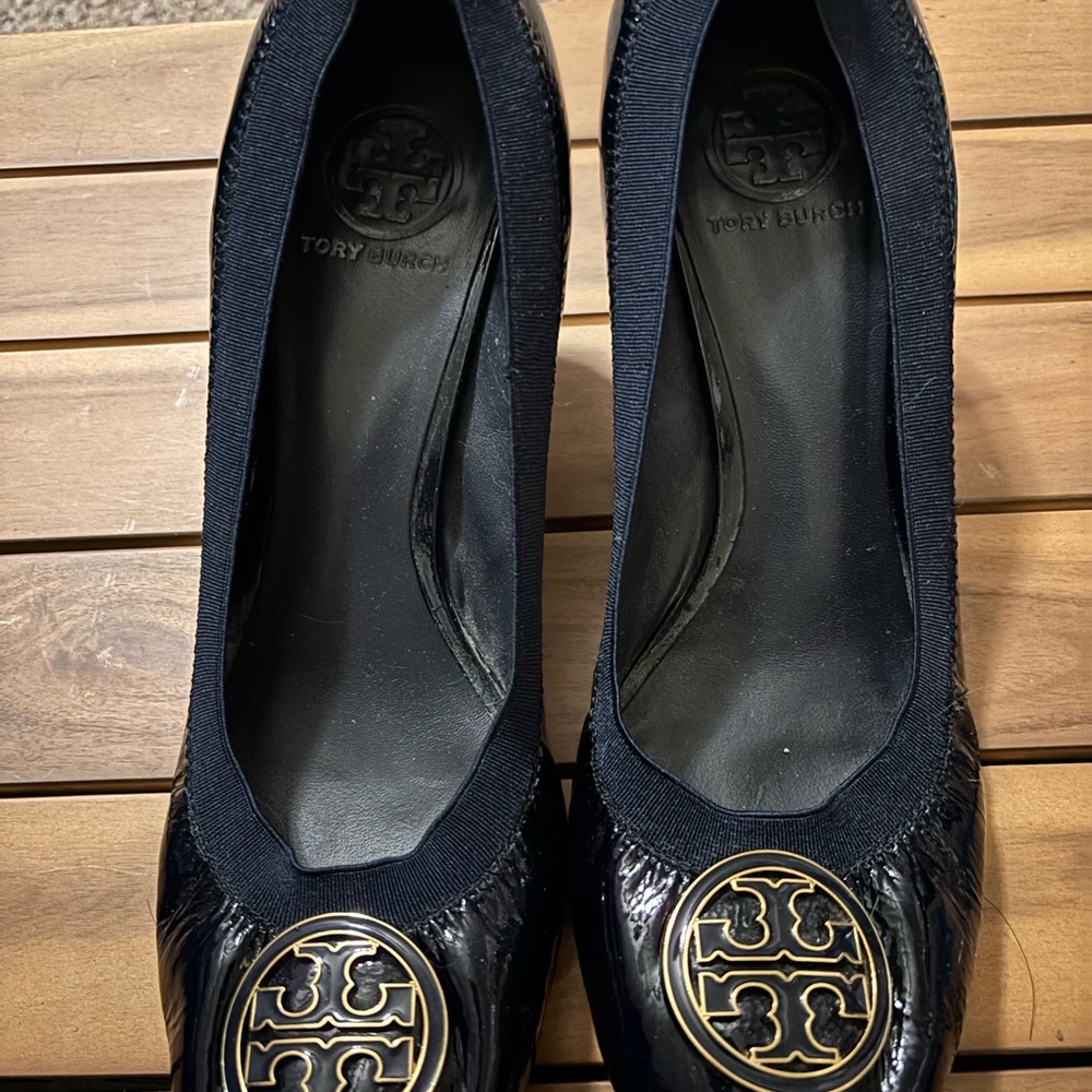 Tory Burch navy kitten heels with Gold Logo